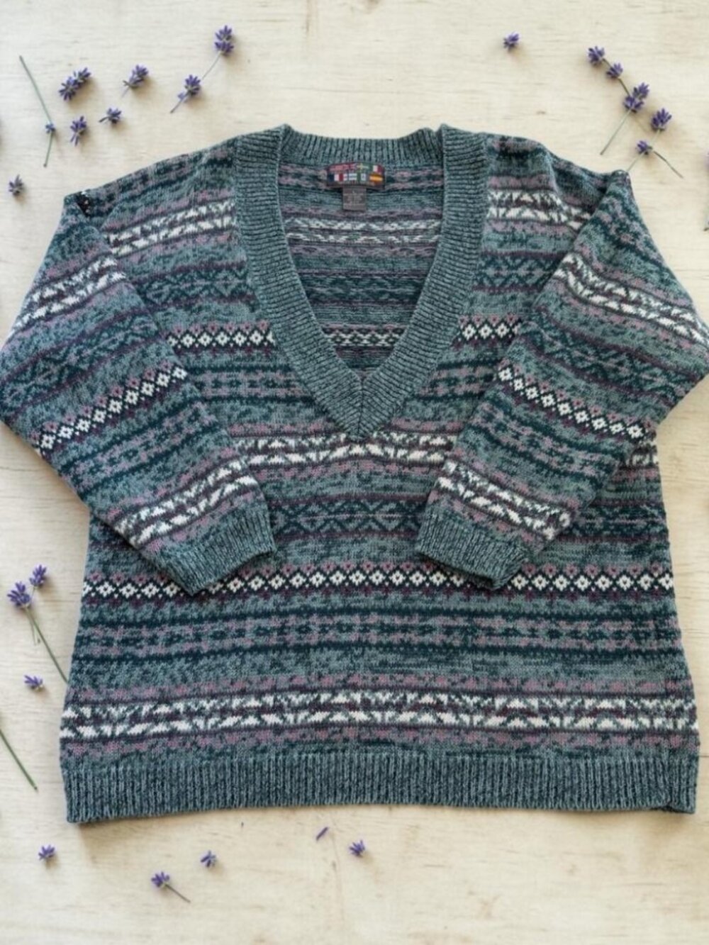 Vintage 90s Paris Sport Club Knit V-neck Sweater Oversized Womens L‎ Green Pink